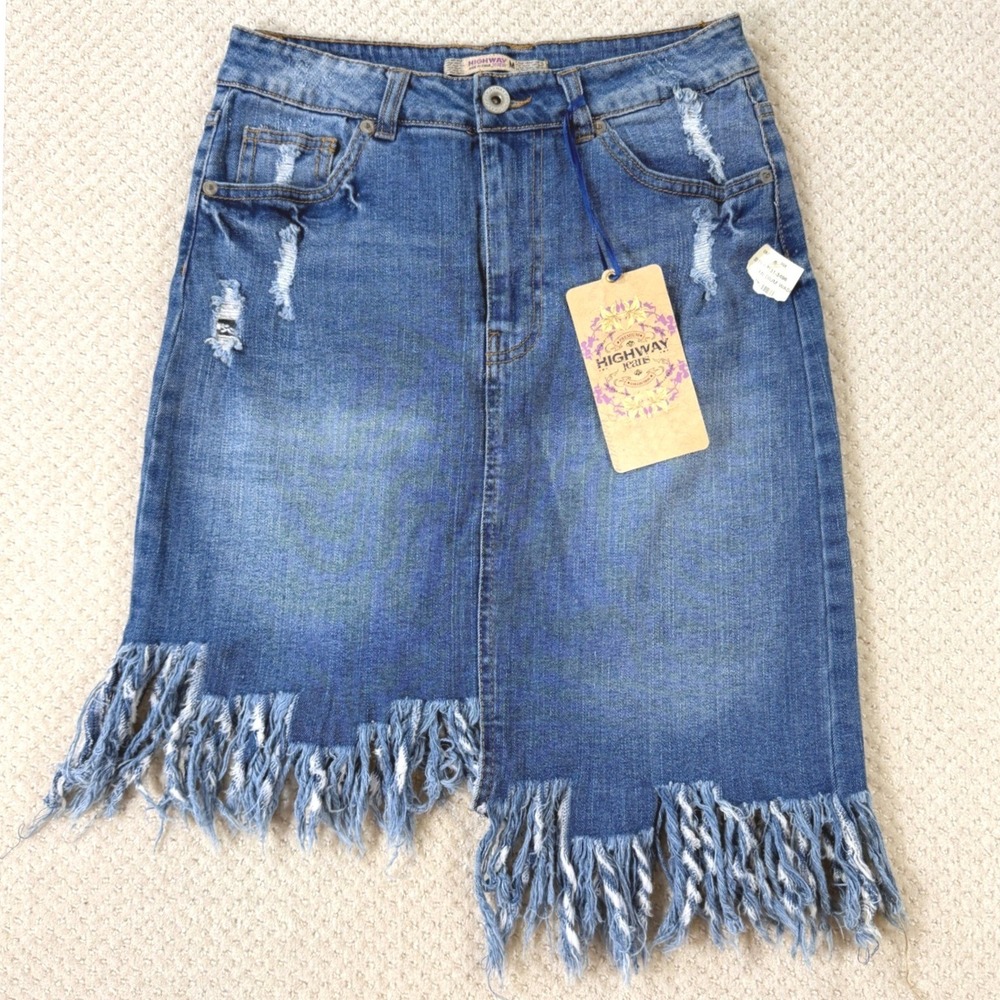 Y2K Asymmetrical Skirt VTG NWT Juniors Med Denim Blue Distressed Frayed Grunge